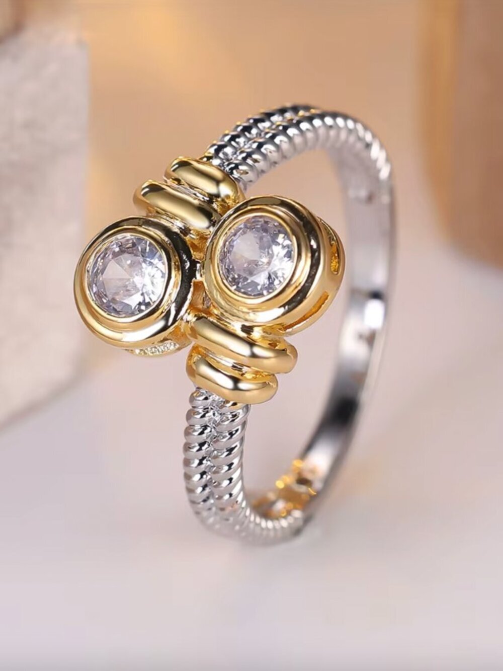 NEW 18k Yellow and White Gold Diamond Ring Band Two Tone Ring Wrap Ring